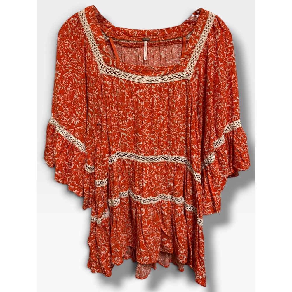 Free People Talk About It Tunic XS Orange Floral Crochet Boho Bell Sleeve